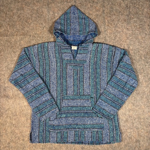 Unbranded Other - Baja Hoodie Mens L Blue Teal Striped Drug Rug Pullover Surfwear Surfer Hippie